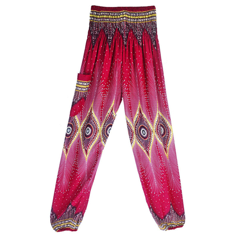 Buddha Stones Herren-Yogahose mit Pfauenfedern, lockere, gesmokte Haremshose mit kleinem Auge und Pfauenfedern - image 5