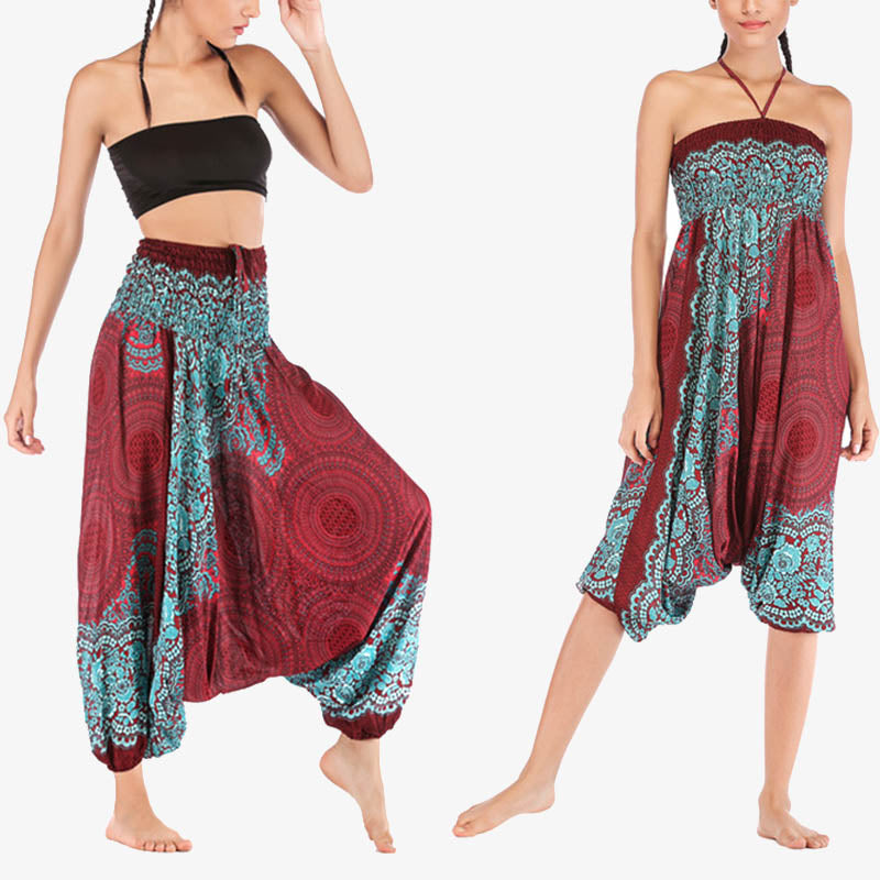 Buddha Stones Two Style Wear Runde Geometrische Muster locker gesmokte Haremshose Overall mit hoher Taille Damen Yogahose - Rot Grün-US2-12， UK/AU6-16，EU34-44 (F) - image 0