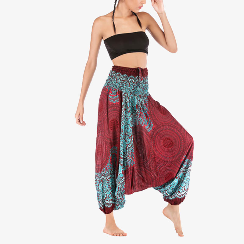 Buddha Stones Two Style Wear Runde Geometrische Muster locker gesmokte Haremshose Overall mit hoher Taille Damen Yogahose - image 2