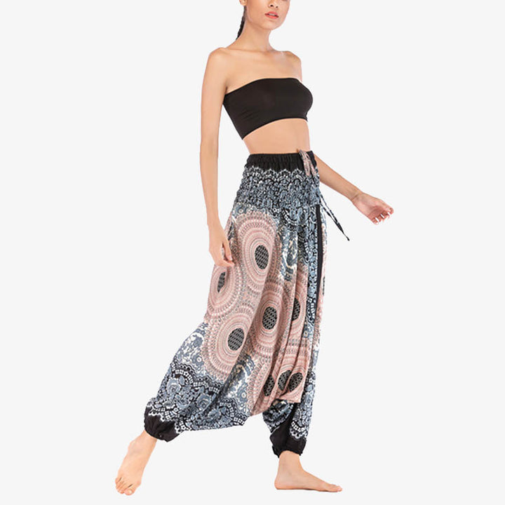 Buddha Stones Two Style Wear Runde Geometrische Muster locker gesmokte Haremshose Overall mit hoher Taille Damen Yogahose - image 30