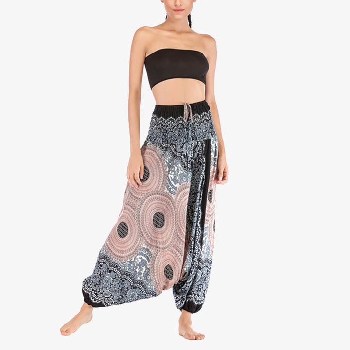 Buddha Stones Two Style Wear Runde Geometrische Muster locker gesmokte Haremshose Overall mit hoher Taille Damen Yogahose - image 29
