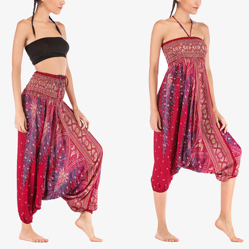 Buddha Stones Two Style Wear Federn Geometrisches Muster Lose Smocked Hose Jumpsuit Damen Yogahose - Weinroter Pfau - US2-12， UK/AU6-16，EU34-44 (F) - image 1