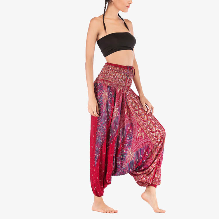 Buddha Stones Two Style Wear Federn Geometrisches Muster Lose Smocked Hose Jumpsuit Damen Yogahose - image 3