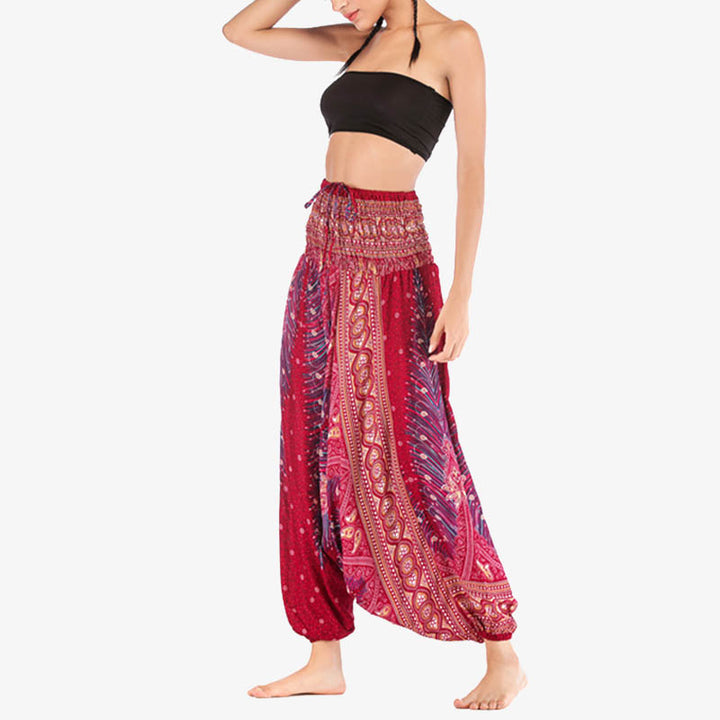 Buddha Stones Two Style Wear Federn Geometrisches Muster Lose Smocked Hose Jumpsuit Damen Yogahose - image 4