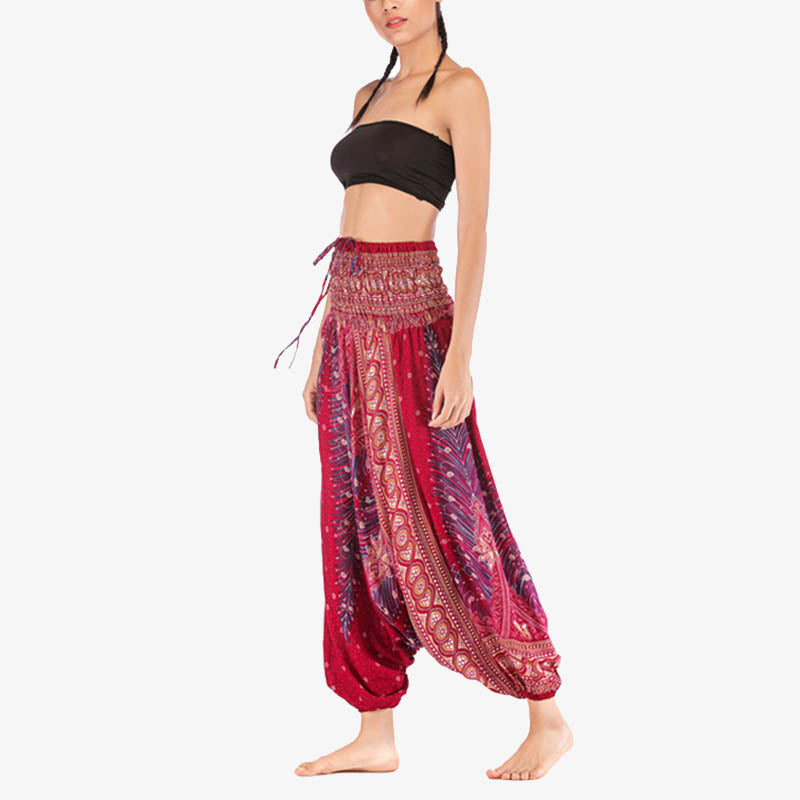 Buddha Stones Two Style Wear Feathers Geometrisches Muster Locker Smoked Hose Jumpsuit Damen Yogahose