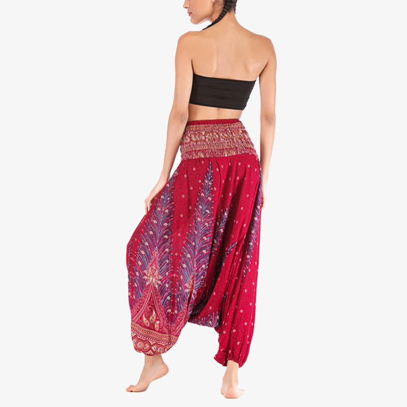 Buddha Stones Two Style Wear Federn Geometrisches Muster Lose Smocked Hose Jumpsuit Damen Yogahose - image 6