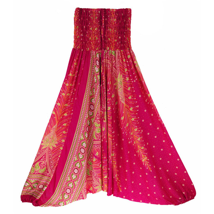 Buddha Stones Two Style Wear Federn Geometrisches Muster Lose Smocked Hose Jumpsuit Damen Yogahose - Rosenroter Pfau - US2-12， UK/AU6-16，EU34-44 (F) - image 11