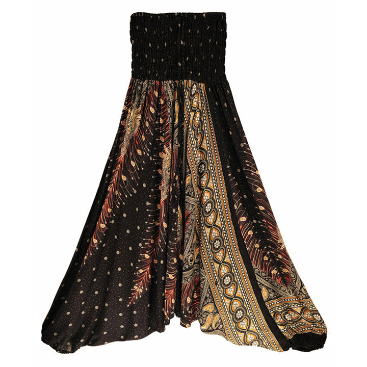 Buddha Stones Two Style Wear Federn Geometrisches Muster Lose Smocked Hose Jumpsuit Damen Yogahose - Schwarzer Pfau - US2-12， UK/AU6-16，EU34-44 (F) - image 19