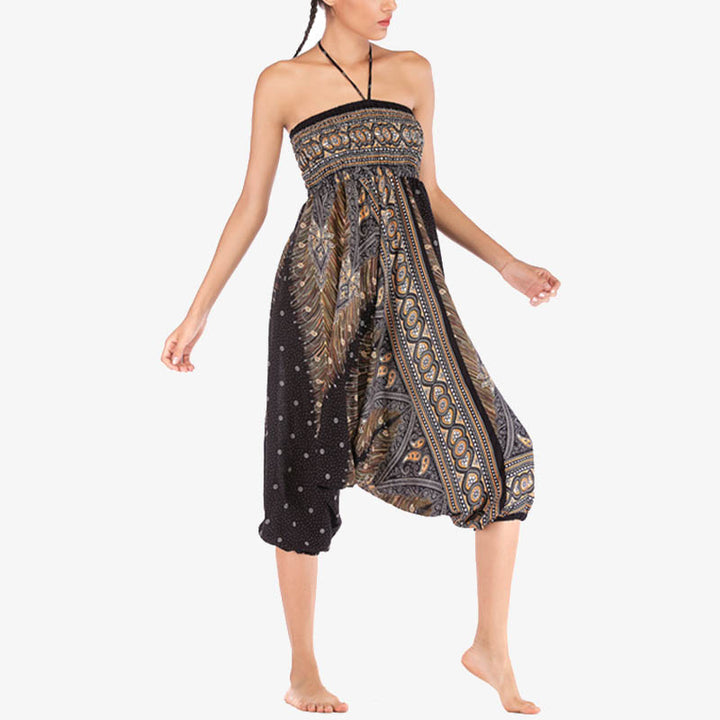 Buddha Stones Two Style Wear Federn Geometrisches Muster Lose Smocked Hose Jumpsuit Damen Yogahose - image 26