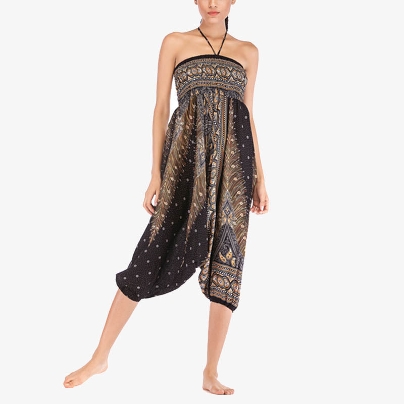 Buddha Stones Two Style Wear Feathers Geometrisches Muster Locker Smoked Hose Jumpsuit Damen Yogahose