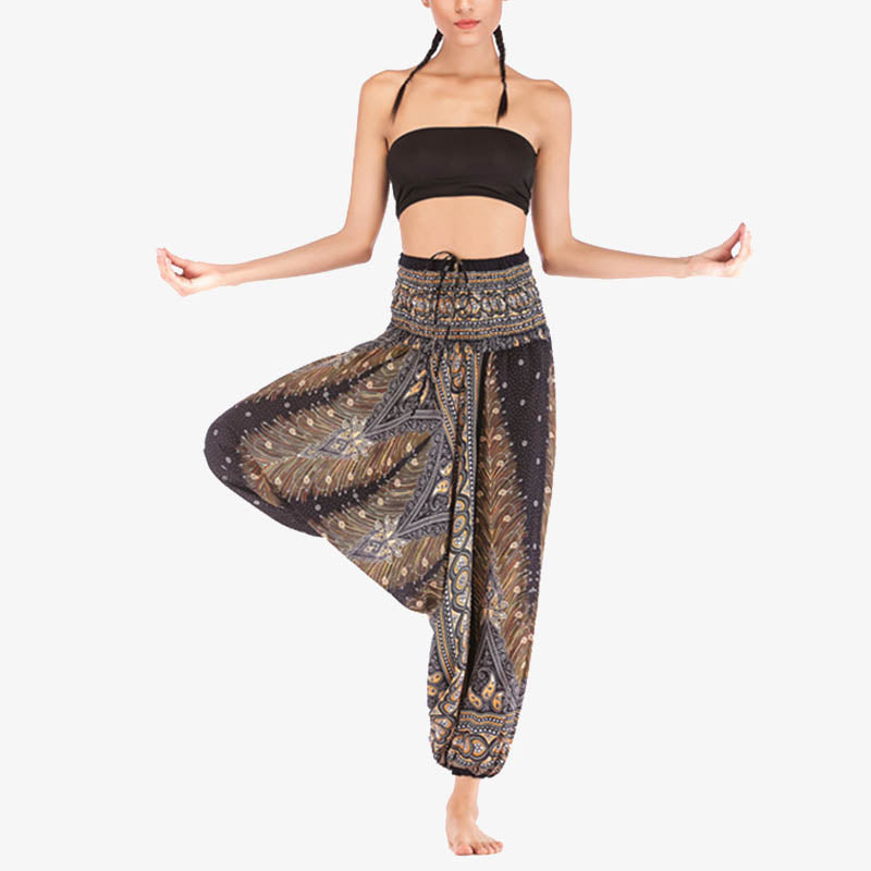 Buddha Stones Two Style Wear Feathers Geometrisches Muster Locker Smoked Hose Jumpsuit Damen Yogahose