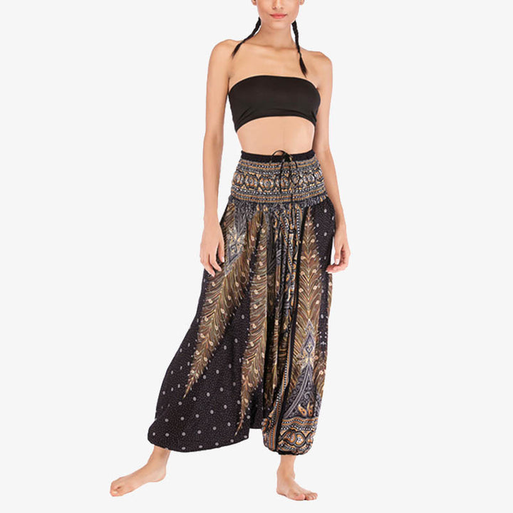 Buddha Stones Two Style Wear Federn Geometrisches Muster Lose Smocked Hose Jumpsuit Damen Yogahose - image 24