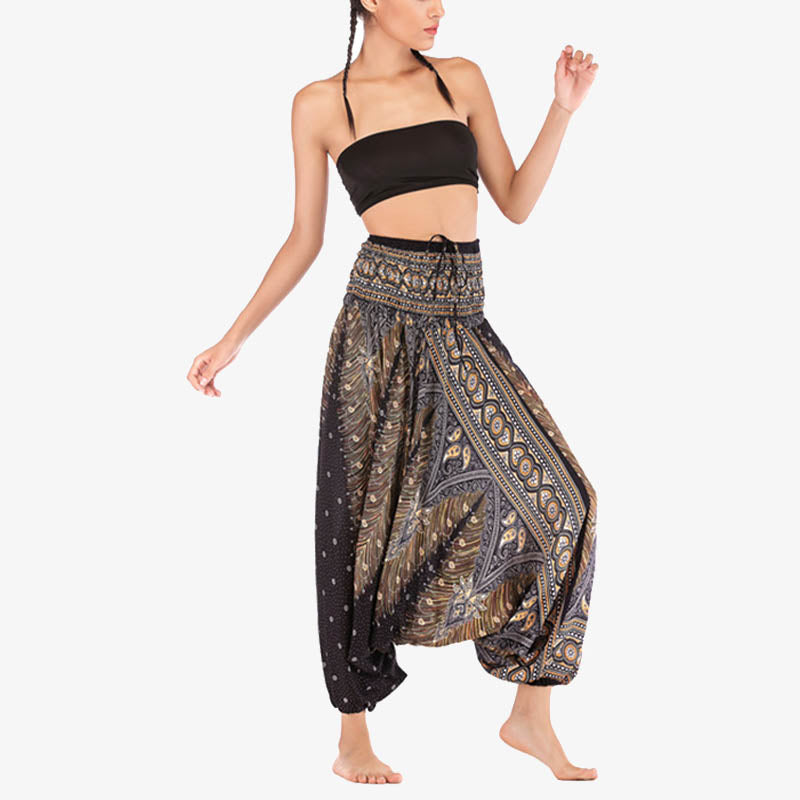 Buddha Stones Two Style Wear Federn Geometrisches Muster Lose Smocked Hose Jumpsuit Damen Yogahose - image 22