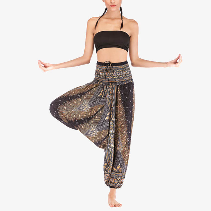 Buddha Stones Two Style Wear Federn Geometrisches Muster Lose Smocked Hose Jumpsuit Damen Yogahose - image 19