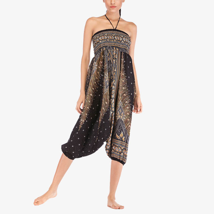Buddha Stones Two Style Wear Federn Geometrisches Muster Lose Smocked Hose Jumpsuit Damen Yogahose - image 25