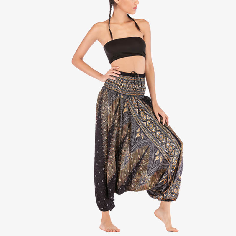 Buddha Stones Two Style Wear Federn Geometrisches Muster Lose Smocked Hose Jumpsuit Damen Yogahose - image 21