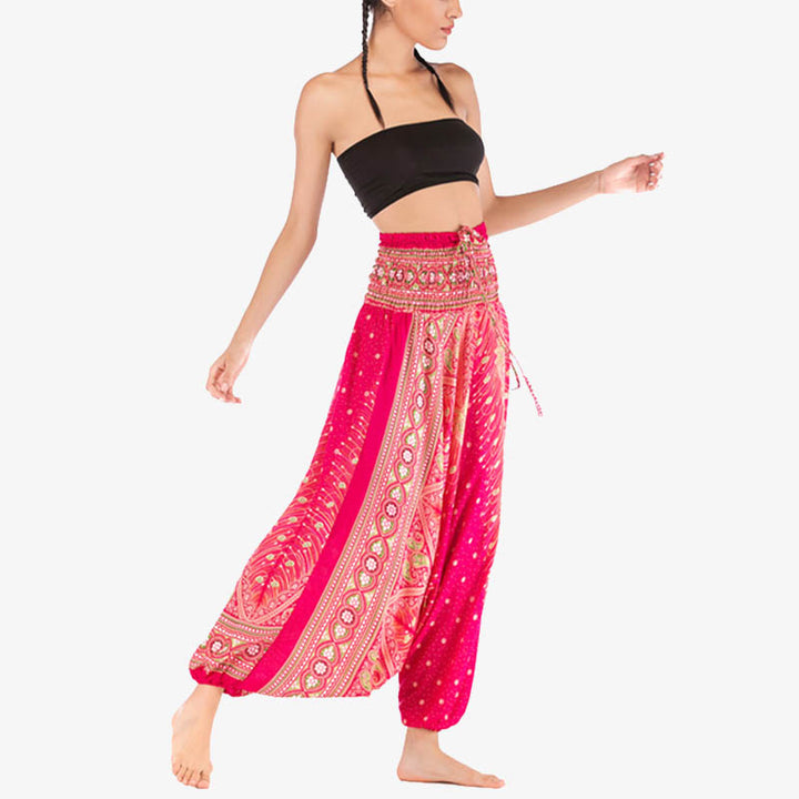 Buddha Stones Two Style Wear Federn Geometrisches Muster Lose Smocked Hose Jumpsuit Damen Yogahose - image 14