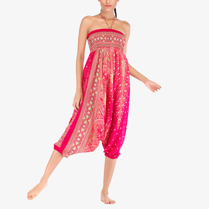 Buddha Stones Two Style Wear Federn Geometrisches Muster Lose Smocked Hose Jumpsuit Damen Yogahose - image 18