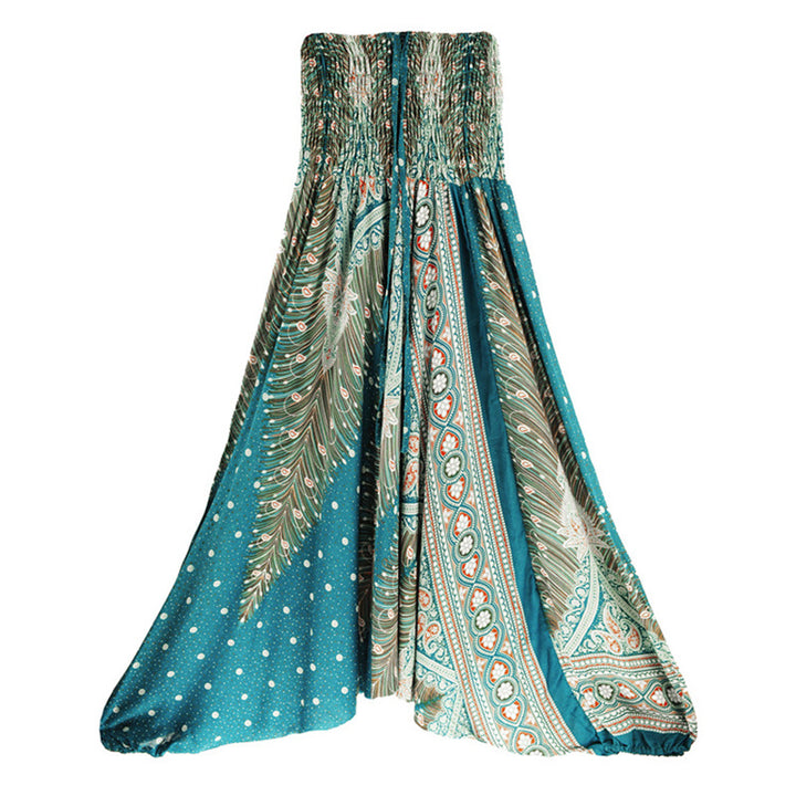 Buddha Stones Two Style Wear Federn Geometrisches Muster Lose Smocked Hose Jumpsuit Damen Yogahose - Cyangrüner Pfau - US2-12, UK/AU6-16, EU34-44 (F) - image 27