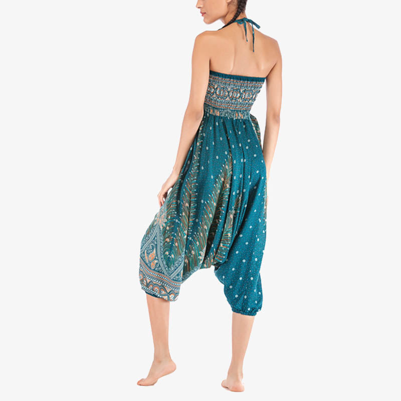 Buddha Stones Two Style Wear Feathers Geometrisches Muster Locker Smoked Hose Jumpsuit Damen Yogahose