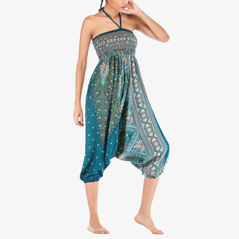 Buddha Stones Two Style Wear Feathers Geometrisches Muster Locker Smoked Hose Jumpsuit Damen Yogahose