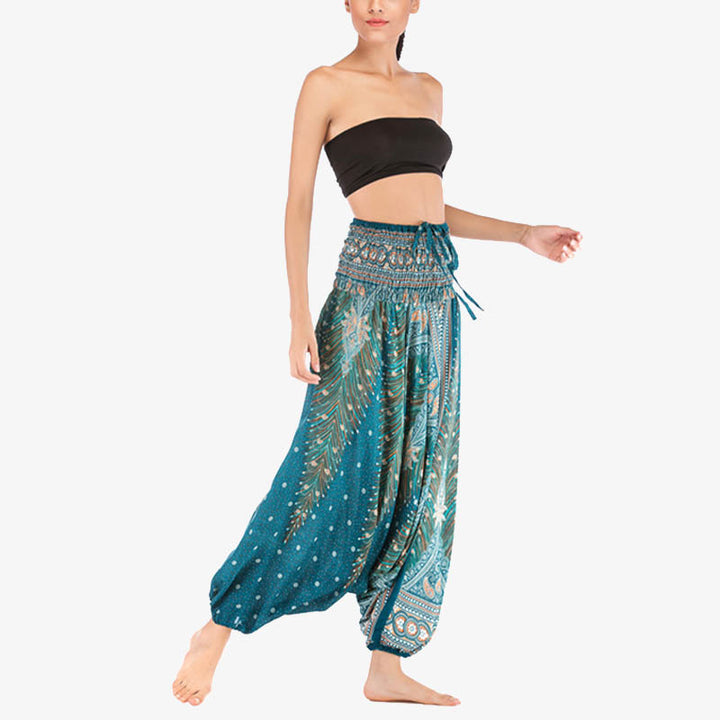 Buddha Stones Two Style Wear Federn Geometrisches Muster Lose Smocked Hose Jumpsuit Damen Yogahose - image 32