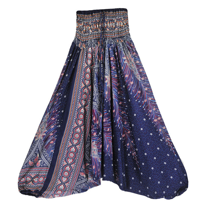 Buddha Stones Two Style Wear Federn Geometrisches Muster Lose Smocked Hose Jumpsuit Damen Yogahose - Blau Lila Pfau - US2-12， UK/AU6-16，EU34-44 (F) - image 37