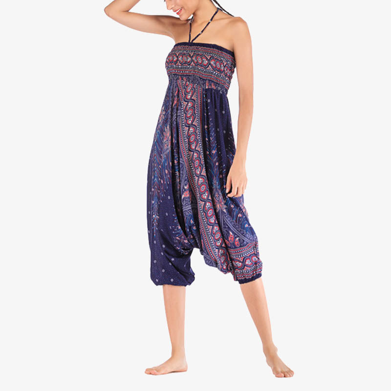 Buddha Stones Two Style Wear Feathers Geometrisches Muster Locker Smoked Hose Jumpsuit Damen Yogahose