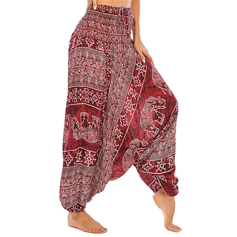 Buddha Stones Locker gesmokte Haremshose mit Elefantenmuster in zwei Stilen, Jumpsuit, Yogahose für Damen - Roter Elefant - US2-12， UK/AU6-16，EU34-44 (F) - image 0
