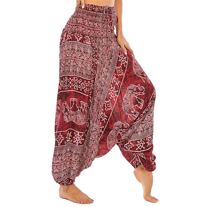 Buddha Stones Locker gesmokte Haremshose mit Elefantenmuster in zwei Stilen, Jumpsuit, Yogahose für Damen