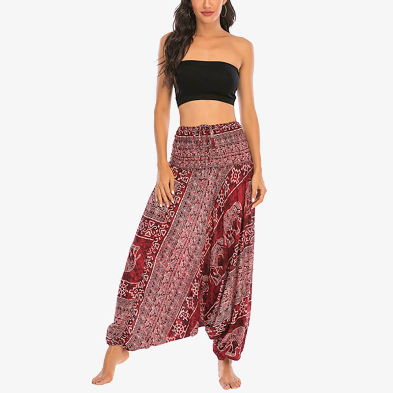 Buddha Stones Locker gesmokte Haremshose mit Elefantenmuster in zwei Stilen, Jumpsuit, Yogahose für Damen - image 1