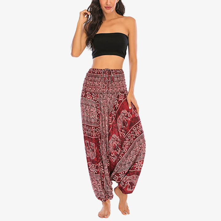Buddha Stones Locker gesmokte Haremshose mit Elefantenmuster in zwei Stilen, Jumpsuit, Yogahose für Damen - image 5