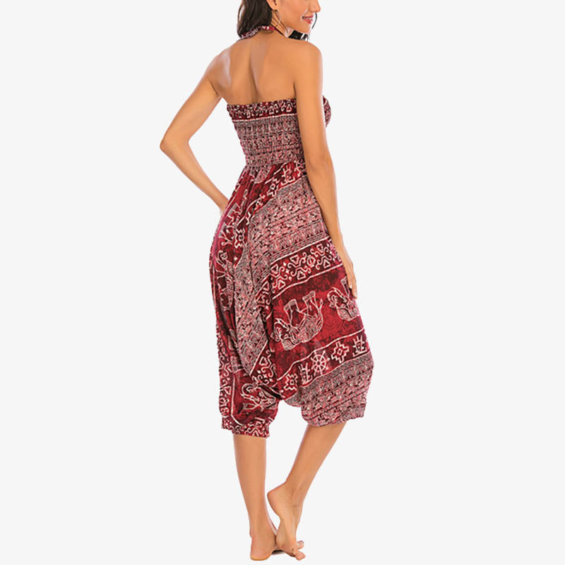 Buddha Stones Locker gesmokte Haremshose mit Elefantenmuster in zwei Stilen, Jumpsuit, Yogahose für Damen - image 8