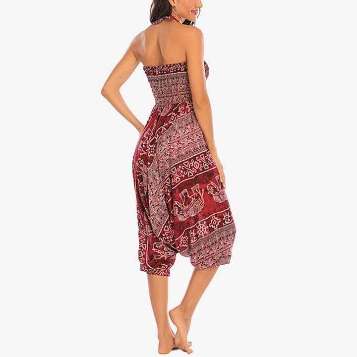 Buddha Stones Locker gesmokte Haremshose mit Elefantenmuster in zwei Stilen, Jumpsuit, Yogahose für Damen - image 8