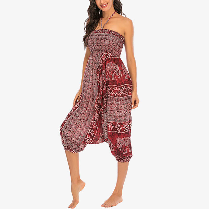 Buddha Stones Locker gesmokte Haremshose mit Elefantenmuster in zwei Stilen, Jumpsuit, Yogahose für Damen