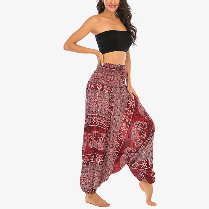 Buddha Stones Locker gesmokte Haremshose mit Elefantenmuster in zwei Stilen, Jumpsuit, Yogahose für Damen - image 2