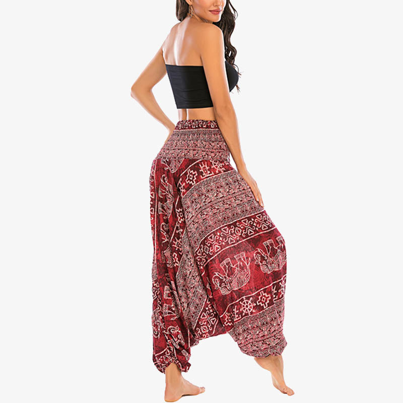 Buddha Stones Locker gesmokte Haremshose mit Elefantenmuster in zwei Stilen, Jumpsuit, Yogahose für Damen - image 4