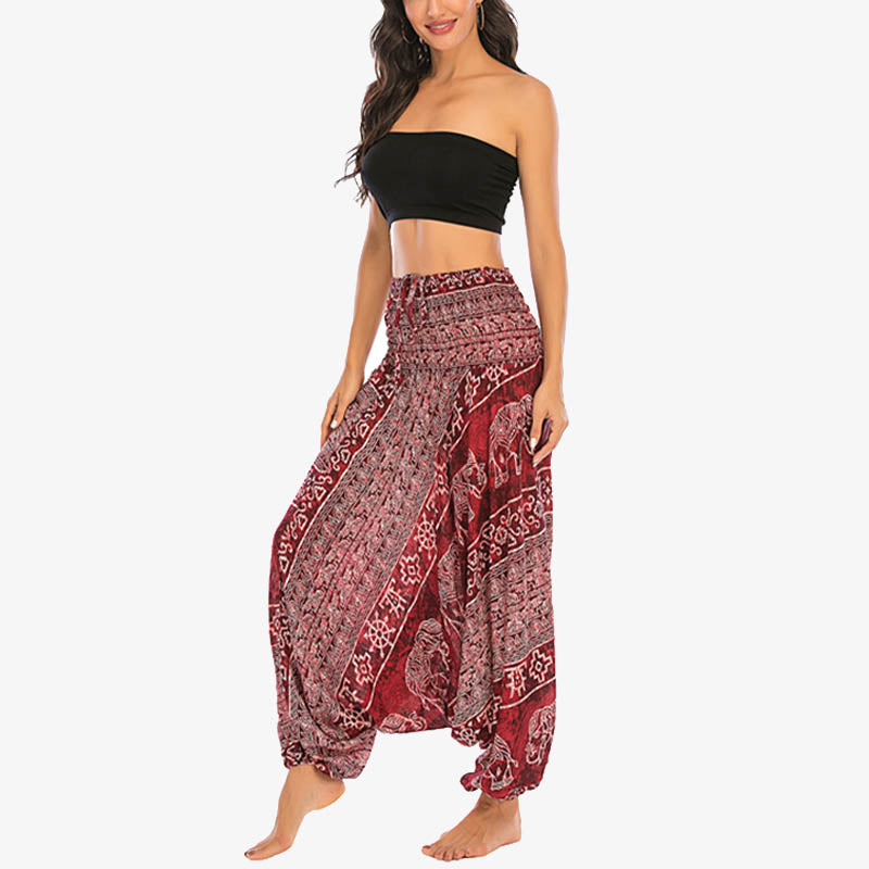 Buddha Stones Locker gesmokte Haremshose mit Elefantenmuster in zwei Stilen, Jumpsuit, Yogahose für Damen - image 3