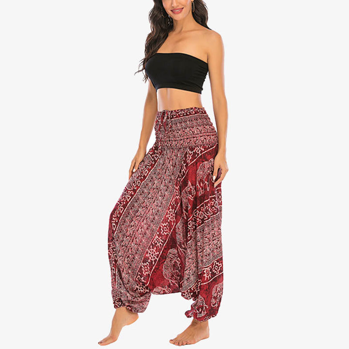 Buddha Stones Locker gesmokte Haremshose mit Elefantenmuster in zwei Stilen, Jumpsuit, Yogahose für Damen - image 3