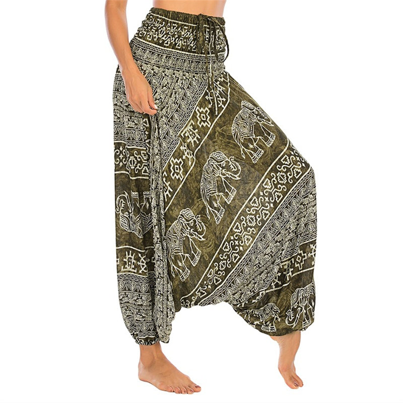 Buddha Stones Locker gesmokte Haremshose mit Elefantenmuster in zwei Stilen, Jumpsuit, Yogahose für Damen