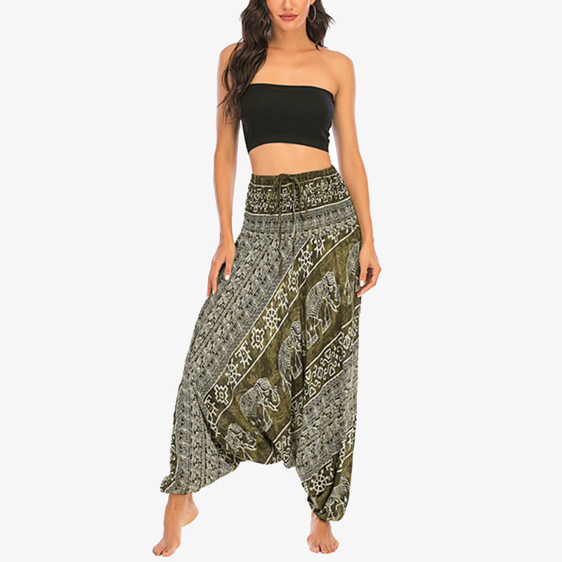 Buddha Stones Locker gesmokte Haremshose mit Elefantenmuster in zwei Stilen, Jumpsuit, Yogahose für Damen - image 10