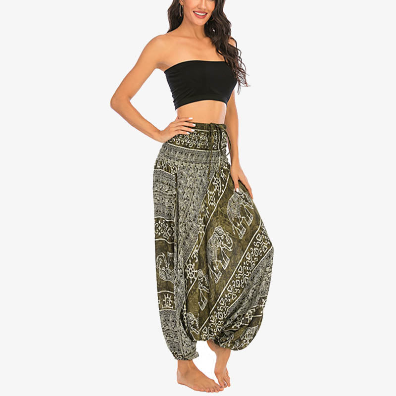 Buddha Stones Locker gesmokte Haremshose mit Elefantenmuster in zwei Stilen, Jumpsuit, Yogahose für Damen - image 14