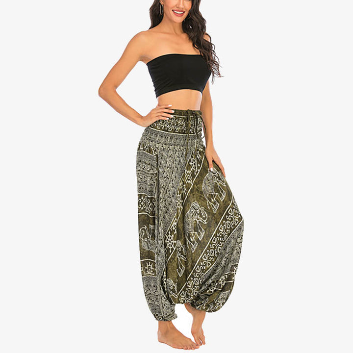 Buddha Stones Locker gesmokte Haremshose mit Elefantenmuster in zwei Stilen, Jumpsuit, Yogahose für Damen - image 14