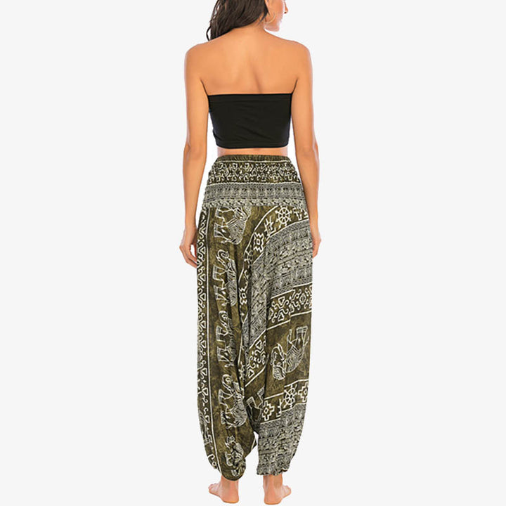 Buddha Stones Locker gesmokte Haremshose mit Elefantenmuster in zwei Stilen, Jumpsuit, Yogahose für Damen - image 13