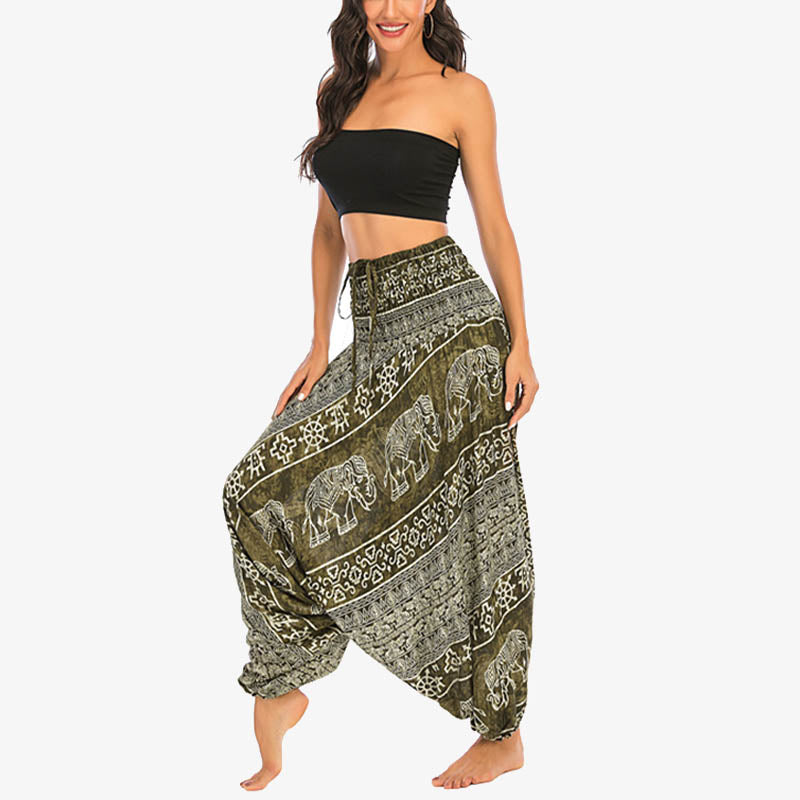 Buddha Stones Locker gesmokte Haremshose mit Elefantenmuster in zwei Stilen, Jumpsuit, Yogahose für Damen - image 15