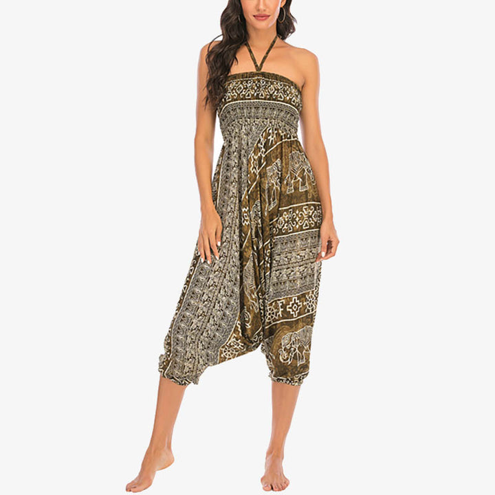 Buddha Stones Locker gesmokte Haremshose mit Elefantenmuster in zwei Stilen, Jumpsuit, Yogahose für Damen