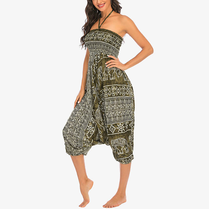 Buddha Stones Locker gesmokte Haremshose mit Elefantenmuster in zwei Stilen, Jumpsuit, Yogahose für Damen