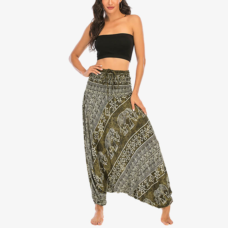 Buddha Stones Locker gesmokte Haremshose mit Elefantenmuster in zwei Stilen, Jumpsuit, Yogahose für Damen - image 12