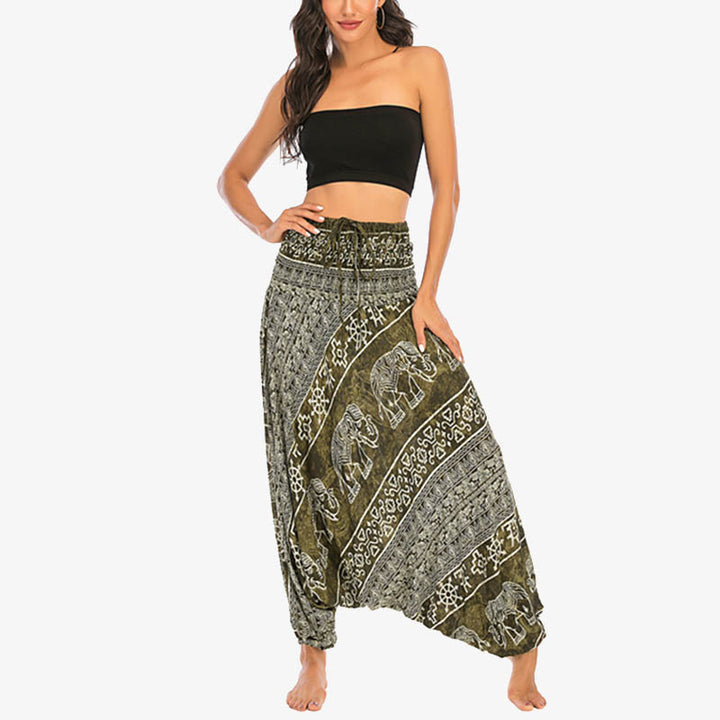 Buddha Stones Locker gesmokte Haremshose mit Elefantenmuster in zwei Stilen, Jumpsuit, Yogahose für Damen - image 12