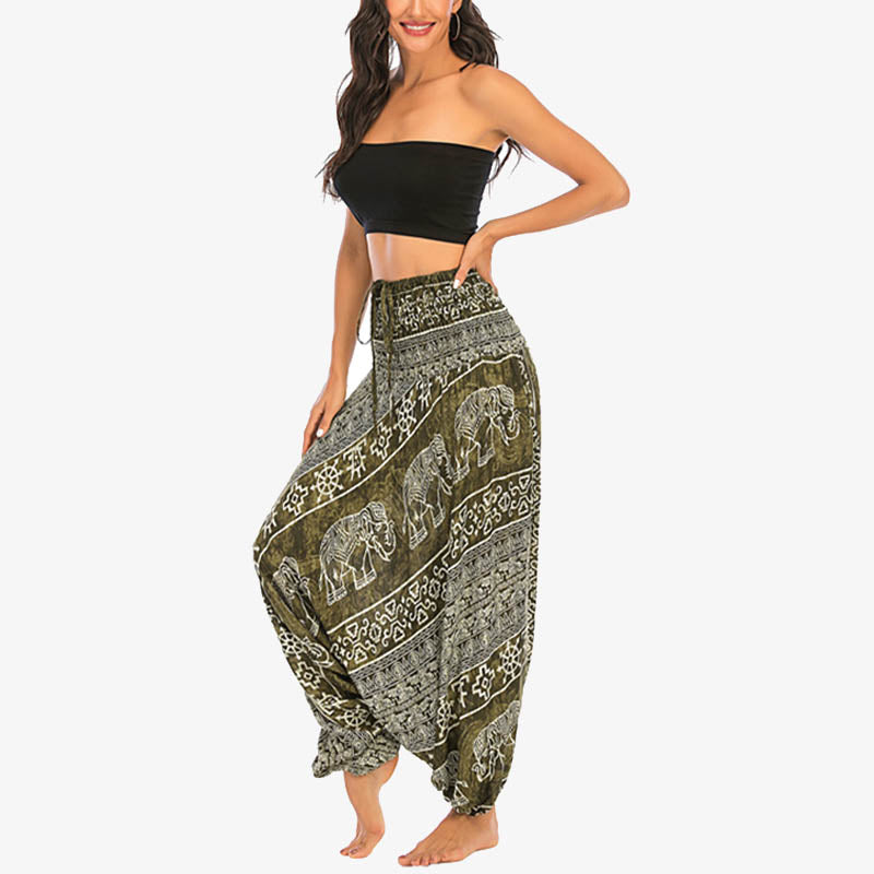 Buddha Stones Locker gesmokte Haremshose mit Elefantenmuster in zwei Stilen, Jumpsuit, Yogahose für Damen - image 16